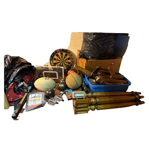 Misc Sports & Hardware Group - Dartboard, Basketball, Football, Box of Wooden Table Legs, and More