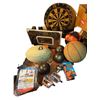 Image 2 : Misc Sports & Hardware Group - Dartboard, Basketball, Football, Box of Wooden Table Legs, and More