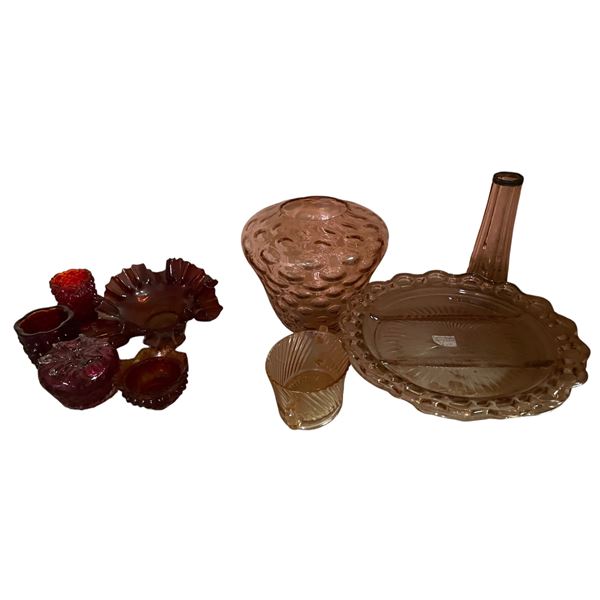 Vintage Fenton Hobnail Bowl, Rossi Apple, and Mixed Pink Depression and Cranberry Glass