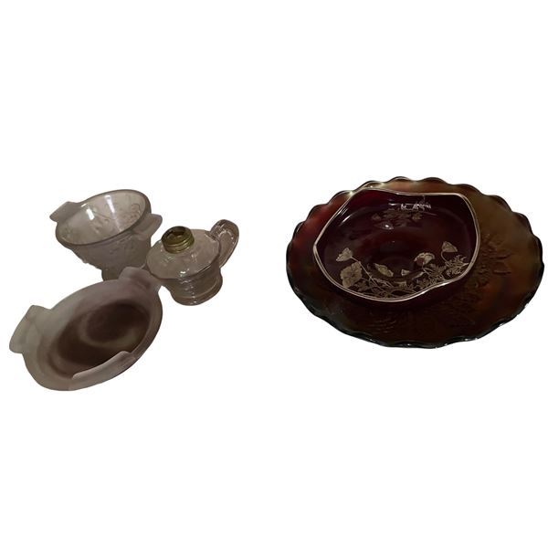 Vintage Ruby Red Sterling Overlay Poppy Bowl, Iridescent Carnival Glass, and Frosted Glass Collectio