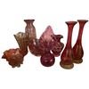 Image 1 : 8 Vintage Cranberry Glass Collection - Bud Vases, Ruffled Bowls & Sculptural Vase