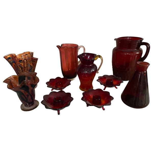 10 Glass Art - Kanawha Amberina Red Eagle Pitcher, 2 Ruffled Rim Vase, Candleholders, and More