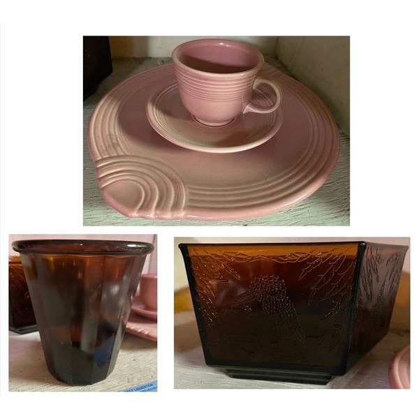 1930's Sherdley Amber Glass Hexagonal Bowl, 3 Pcs 1950-60's Homer Laughlin Fiestaware Dinnerware, Am