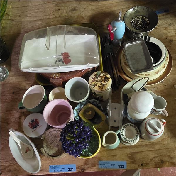 Misc. napkin holders platter pitchers, pottery, plastic, ceramics, etc.