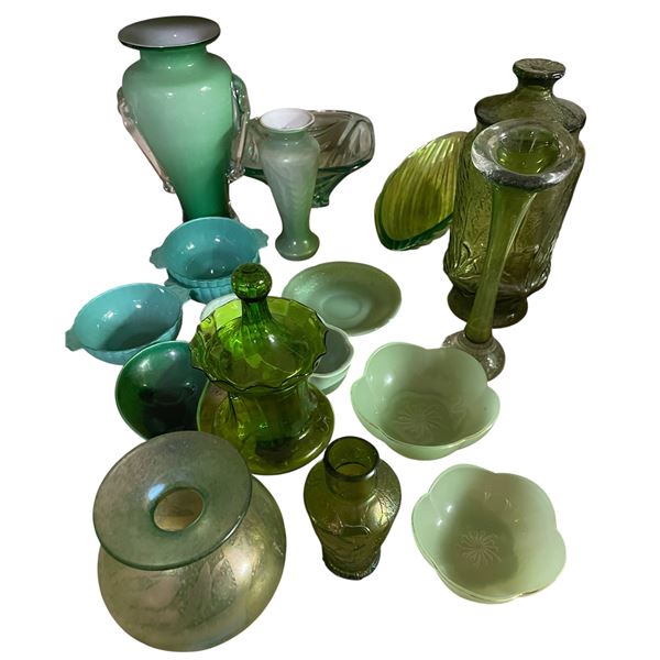 17 Assorted Green Glassware Collection - Vases, Bowls & Decorative Pieces