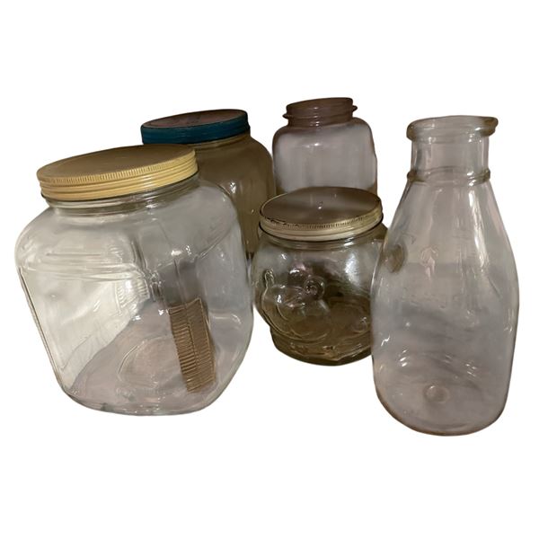 5 Vintage Mason-style Glass Jars & Milk Bottle