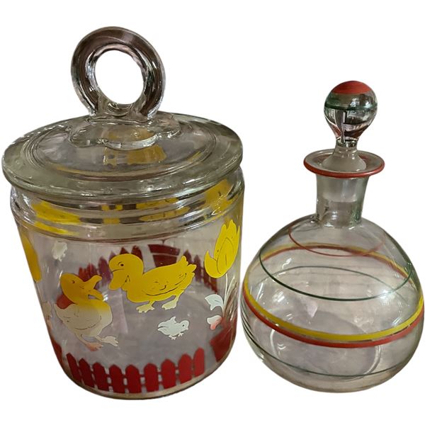1940s Anchor Hocking Cookie Jar and Vintage Pin Striped Glass Liquor Decanter