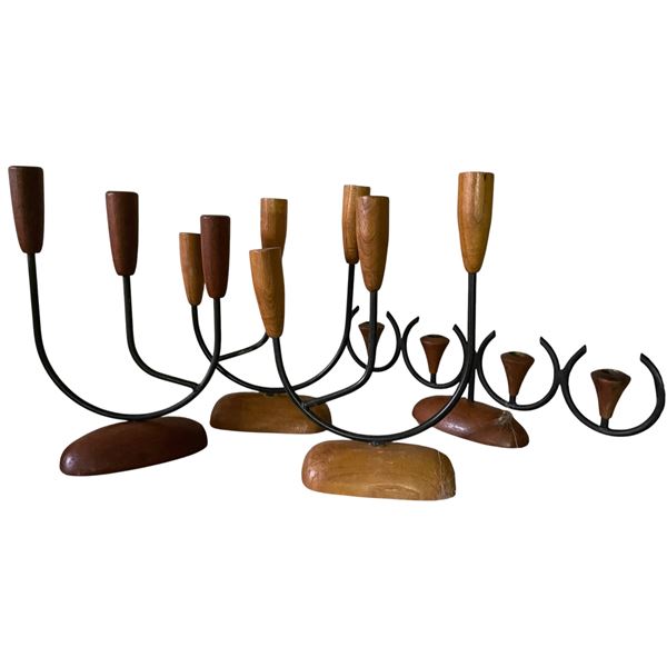 5 Mid-Century Wooden & Iron Candle Holders