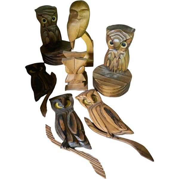 Lot of Hand-Carved Wooden Owl Figurines