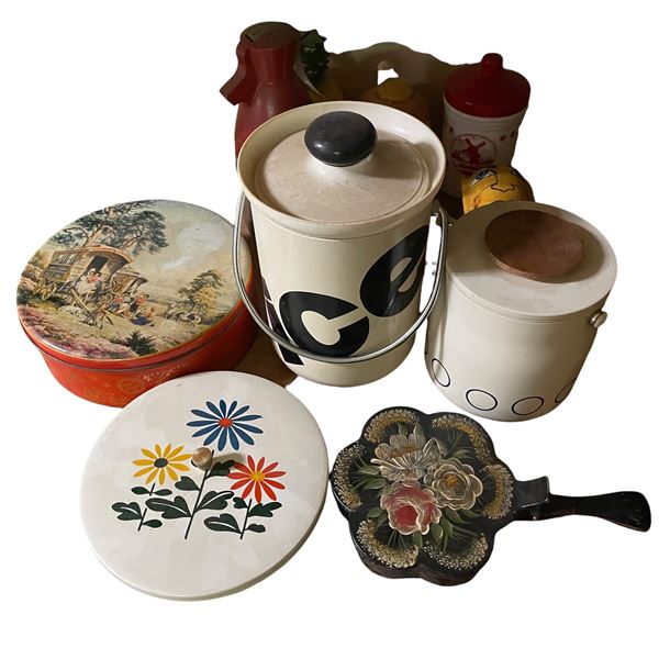 Lot of Vintage Kitchen Tins, Ice Bucket, Cookie Tins & Decorative Serving Pieces