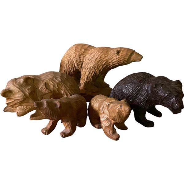Lot of (5) Hand-Carved Wooden Bear Figurines in Assorted Sizes and Finishes