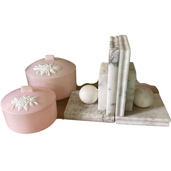 Lot of Alabaster Marble Bookends with Pink Jasperware-Style Covered Trinket Boxes
