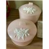 Image 2 : Lot of Alabaster Marble Bookends with Pink Jasperware-Style Covered Trinket Boxes