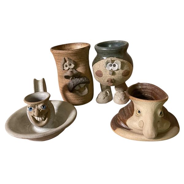 Lot of Studio Pottery Character Face Vases, Figural Planter & Folk Art Ceramic Pieces