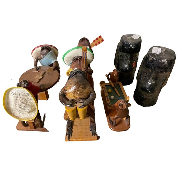 Lot of Whimsical Sombrero Frog Band Figurines & Mini Billiards Frog Scene with Decorative Stone Piec