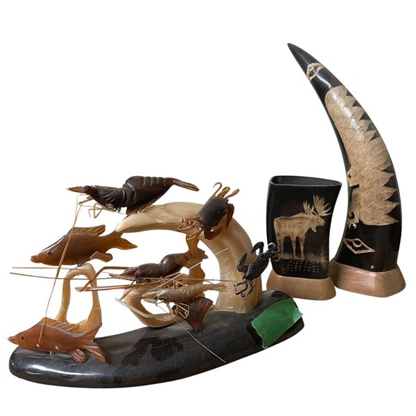 Lot of Carved Horn Wildlife & Marine Decor Pieces