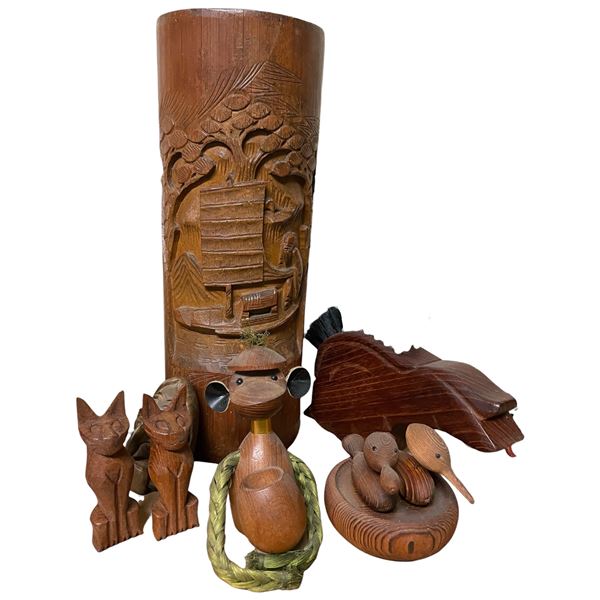 Lot of Assorted Hand-Carved Wooden Decor & Figurines