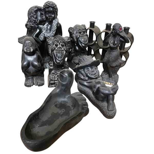 Lot of Vintage Black Hawaii Souvenir Novelty Figurines - Hula Girl, Comic Characters, Foot Ashtray &