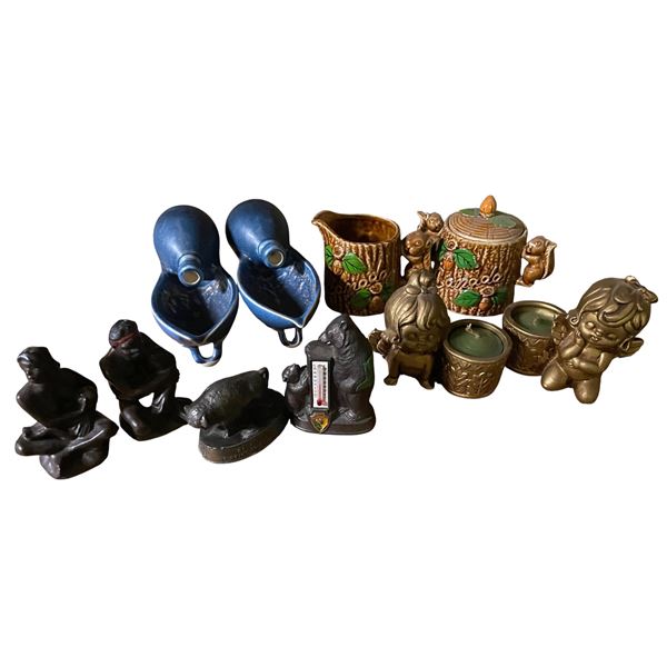 Lot of Vintage Collectibles - Canada Squirrel Tea Set, Blue Ceramic Wall Pockets, Cast Metal Figurin