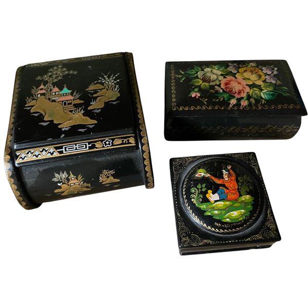 Lot of 3 Vintage Black Lacquer Boxes - Chinoiserie Pagoda, Russian Floral & Hand-Painted Folk Art Tr