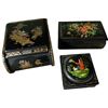 Image 1 : Lot of 3 Vintage Black Lacquer Boxes - Chinoiserie Pagoda, Russian Floral & Hand-Painted Folk Art Tr