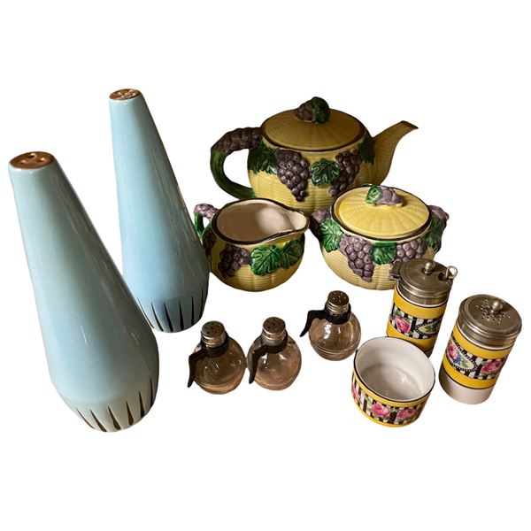 Lot of Vintage Kitchen Ceramics - Grape Motif Tea Set, Mid-Century Salt & Pepper Shakers, Glass Shak