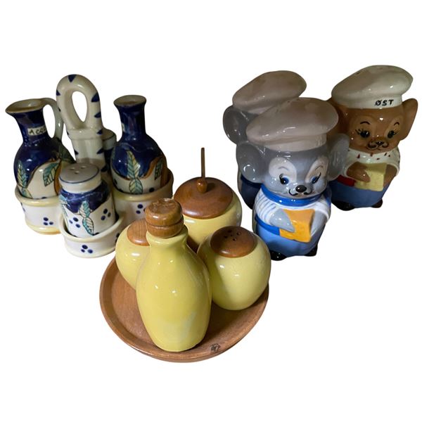 Lot of Vintage Salt & Pepper Shaker Sets - Chef Mouse Novelty, Blue Pottery Cruet Set & Yellow Ceram