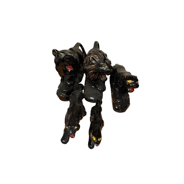 Group of Black Panther & Lion Figurines - Glossy Ceramic Animal Figures