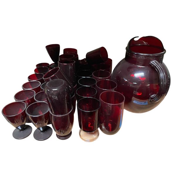 Large Lot of Vintage Ruby Red Glass - Pitcher, Glasses & Assorted Barware