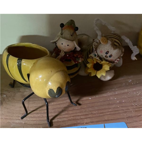 Lot of Vintage Bee Themed Decor - Ceramic Bumble Bee Planter & Whimsical Bee & Sunflower Dolls