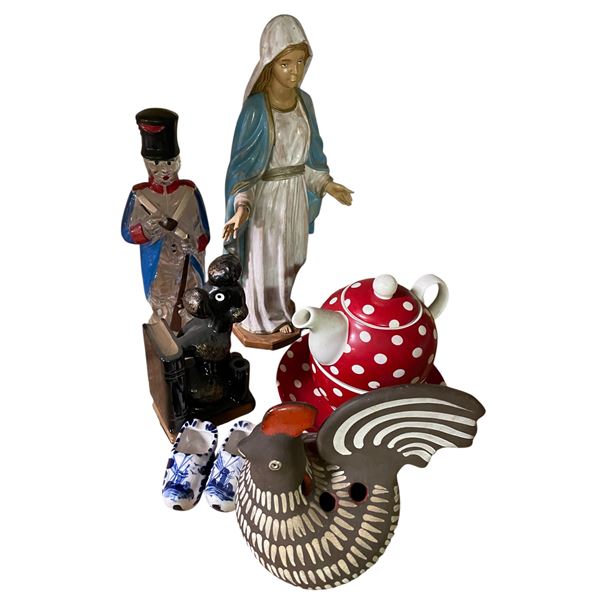 Lot of Vintage Collectibles - Virgin Mary Statue, Nutcracker, Red Polka Dot Teapot, Ceramic Rooster,