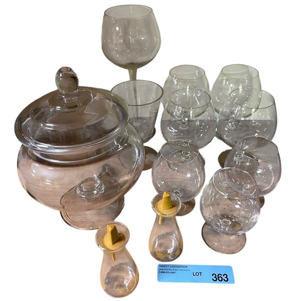 Lot of Vintage Glass Brandy Glasses, Candy Jar & Misc Glass Items