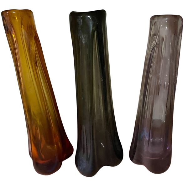 Set of 3 Vintage Mid-Century Modern Art Glass Bud Vases - Amber, Smoke & Amethyst Organic Form