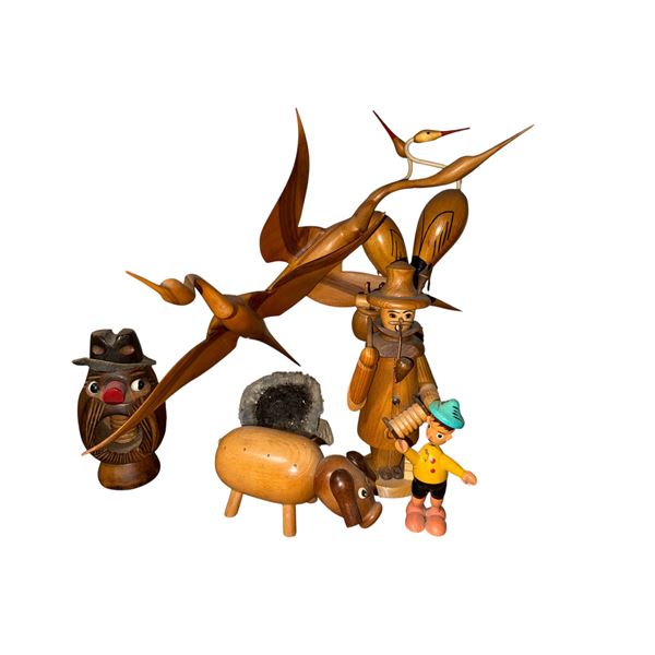 Lot of Vintage Hand-Carved Wooden Figurines & Decor - Flying Birds Mobile, German Smoker, Folk Art C