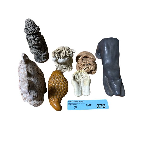 Lot of 7 Vintage Stone, Resin & Ceramic Sculptures - Abstract Figures, Praying Hands, Shaggy Sheep,