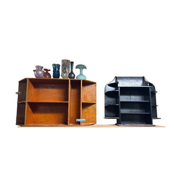 Lot of 2 Vintage Wooden Display Shelf Units with Assorted Art Glass & Ceramic Vases - Natural Oak &