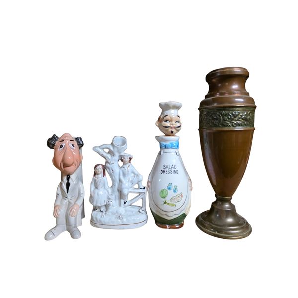 Lot of 4 Vintage Items - Comic Caricature Figurine, Staffordshire-Style Group, Chef Salad Dressing B
