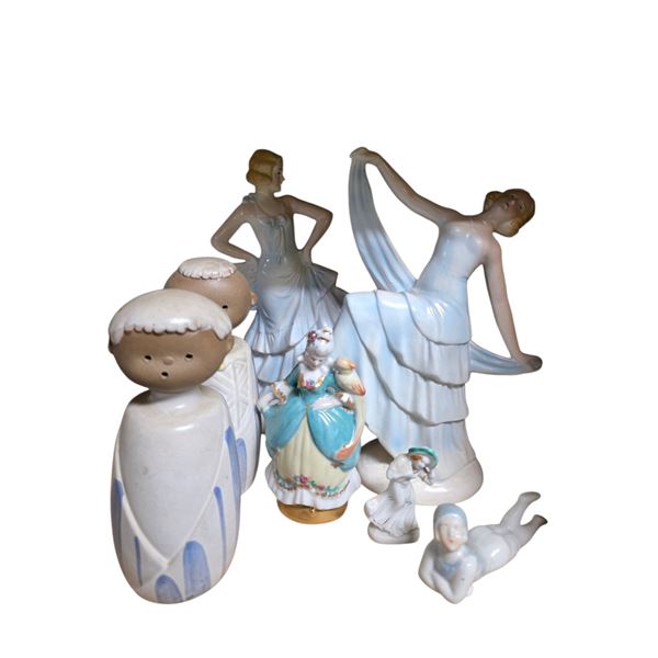 Lot of 7 Vintage Porcelain & Ceramic Figurines - Dancers, Victorian Lady, Salt & Pepper Shakers & Mi