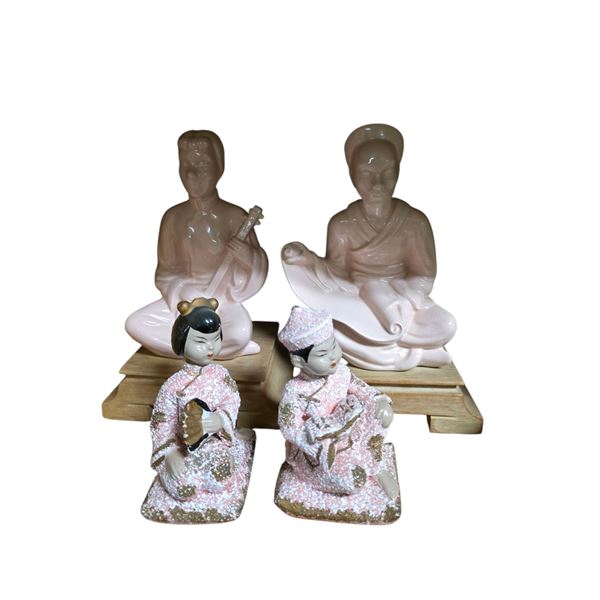 Asian Porcelain Figurines & Bust Pair - Seated Figures and Pink Robed Ladies