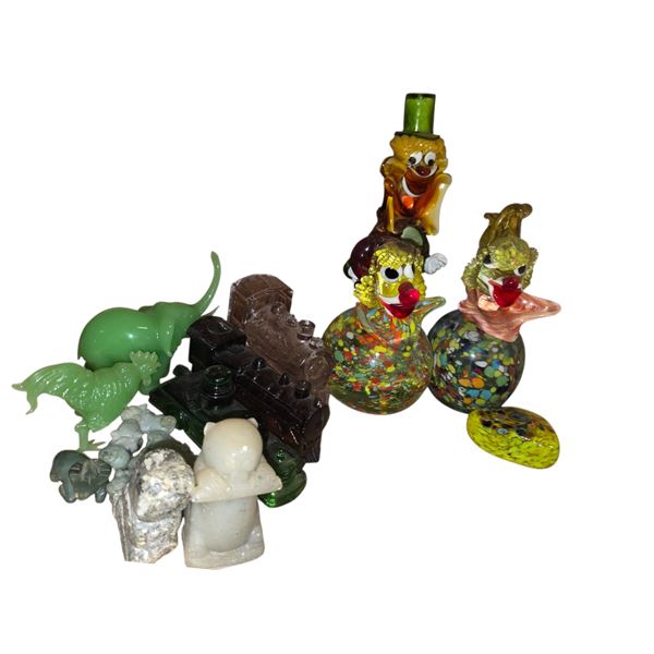 Mixed Art Glass Figurines & Miniatures - Clown Bottles, Train, Animals, Paperweights