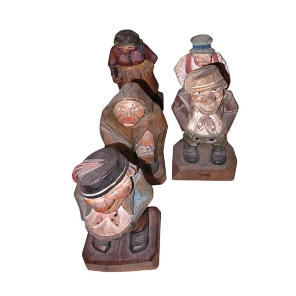 Group of Hand-Carved Folk Art Wooden Character Figurines