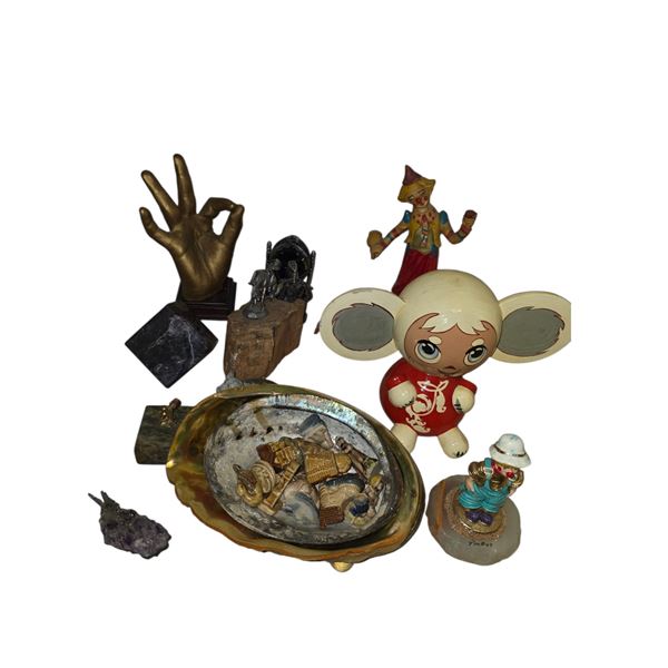 Mixed Lot Vintage Figurines, Metal Hand Sculpture, Clown & Decorative Pieces