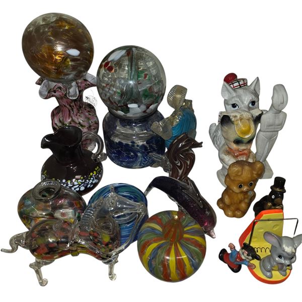 Large Mixed Lot Art Glass Paperweights, Blown Glass & Vintage Figurines