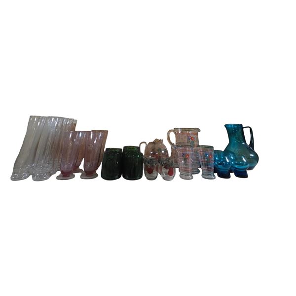 Mixed Vintage Glassware Lot - Tumblers, Pitchers, Floral & Colored Glass