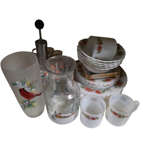 Vintage Christmas Glassware & Milk Glass Dish Set