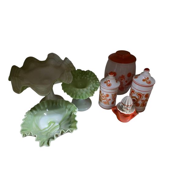 Assorted Vintage Glass & Kitchenware - Jadeite Style Bowls, Pedestal Compotes & Canisters