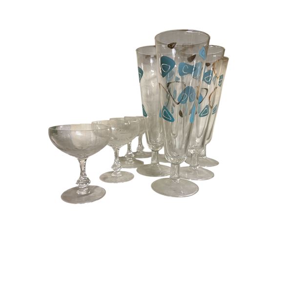 Assorted Vintage Stemware Lot Including Mid-Century Style Tall Cocktail Glasses with Blue Geometric