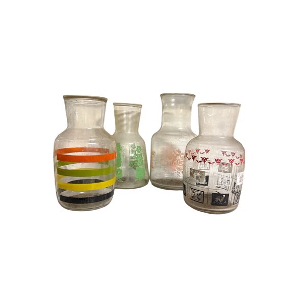 Vintage Glass Juice Carafe Lot Including Mid-Century Printed Examples with Colored Stripe and Figura