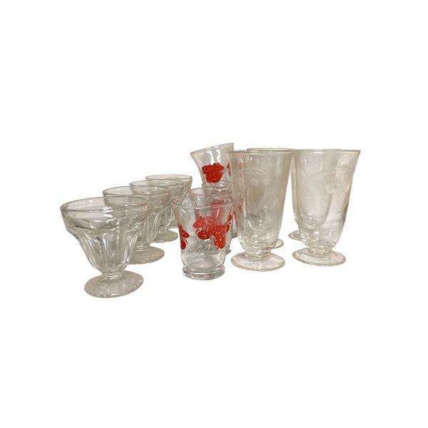Assorted Vintage Glassware Lot Including Etched Tumblers, Footed Dessert Cups, and Red Floral Patter