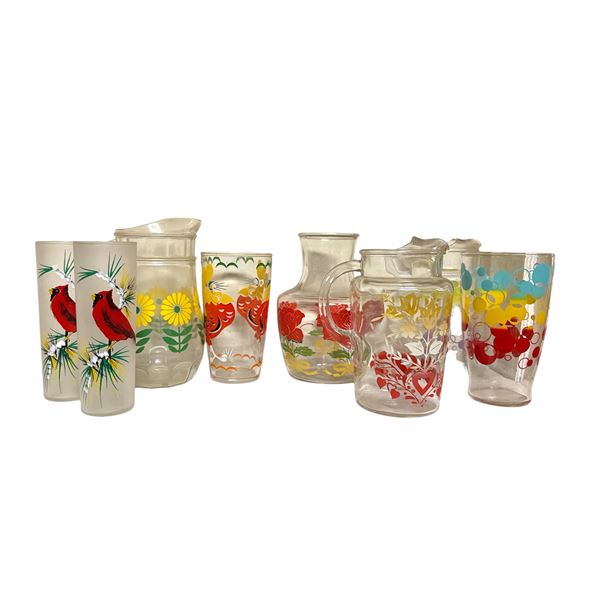 Vintage Printed Glass Drinkware & Pitcher Lot Including Cardinal Motif Tumblers, Floral Juice Glasse